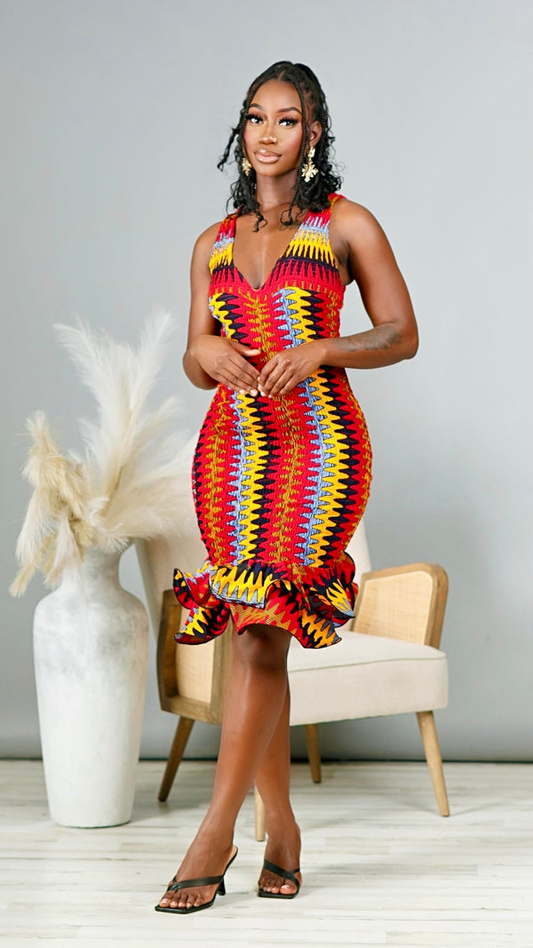 Aina African Print Midi Ruffle Dress