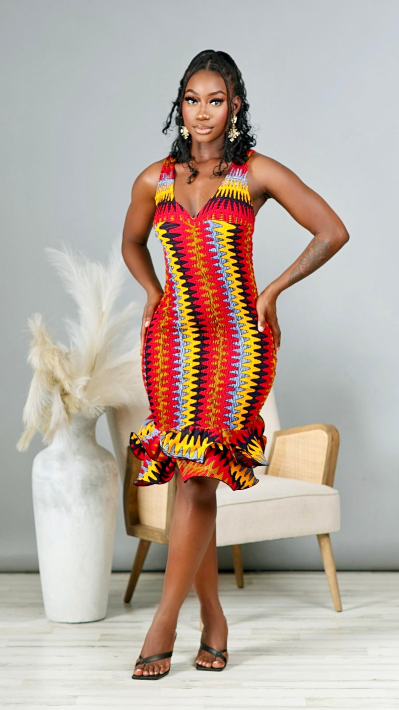 Aina African Print Midi Ruffle Dress