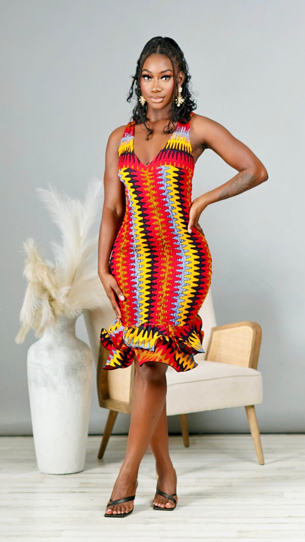 Aina African Print Midi Ruffle Dress