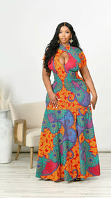 Savannah African Print V Neck Dress (Red)