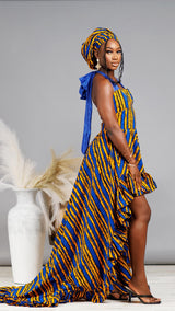 Uche African Print High-Low Ruffle Bow Dress