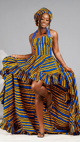 Uche African Print High-Low Ruffle Bow Dress