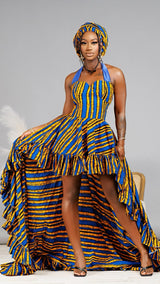 Uche African Print High-Low Ruffle Bow Dress