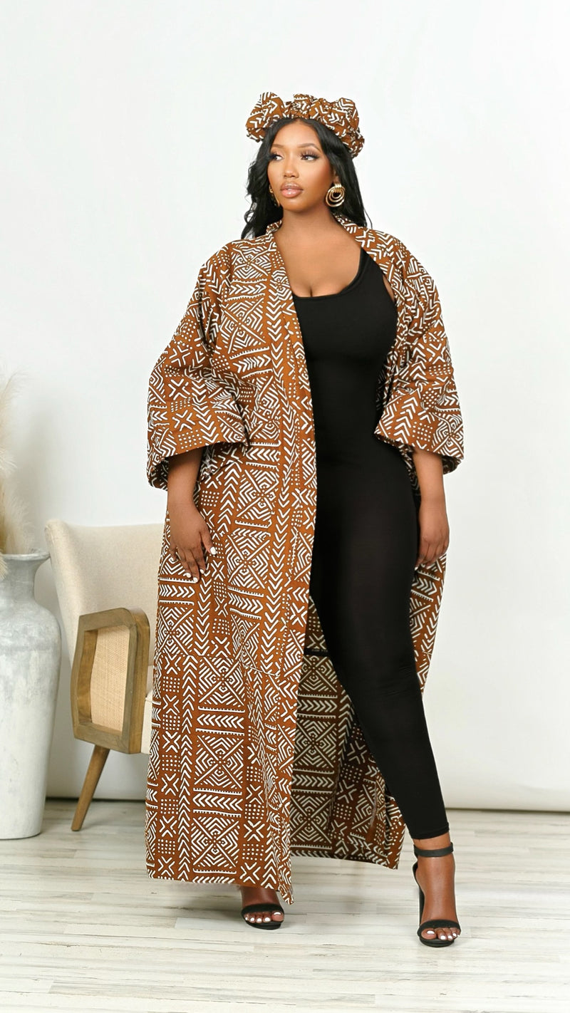 Taiwo Tribal African Print Kimono With Headband *Brown