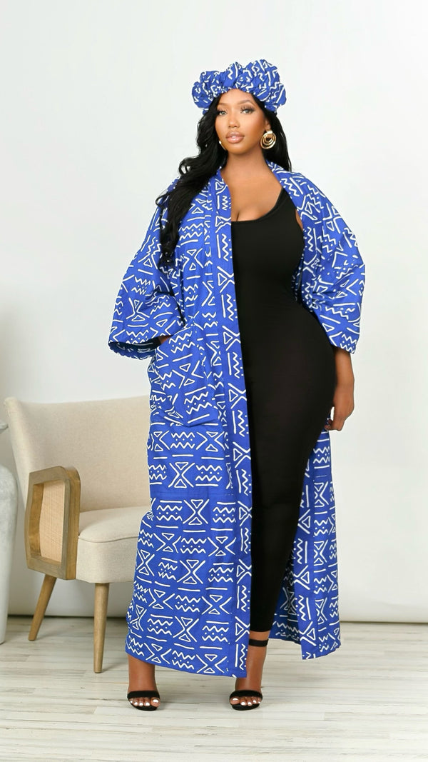 Taiwo Tribal African Print Kimono With Headband *Blue