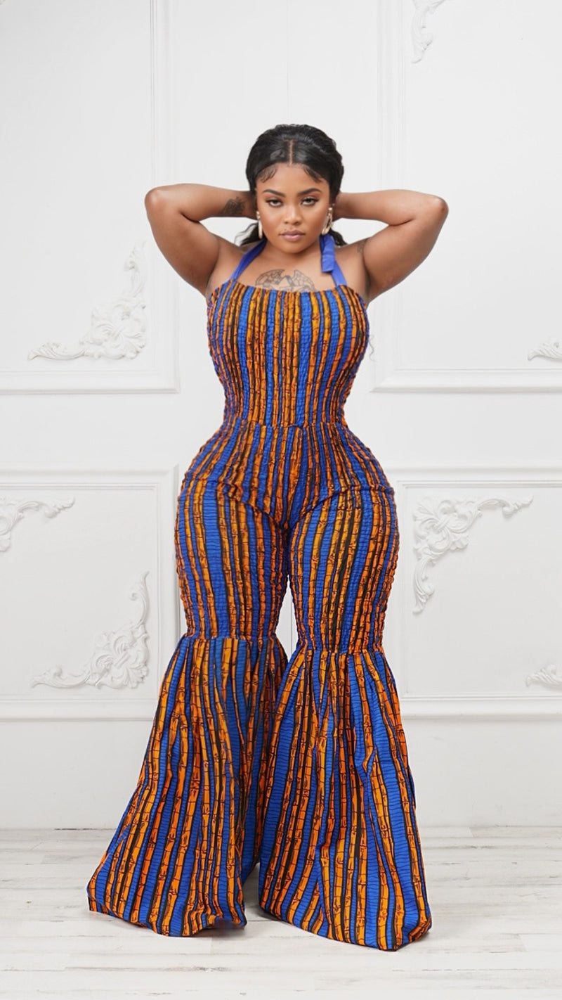 Aza African Print Bell Bottom Jumpsuit with Detachable Sleeves