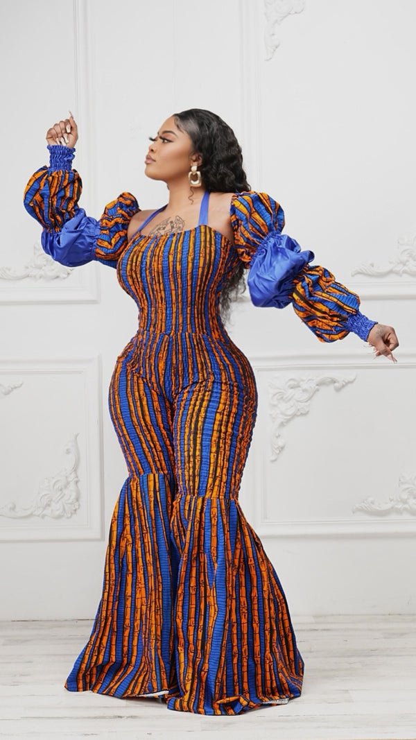 Aza African Print Bell Bottom Jumpsuit with Detachable Sleeves