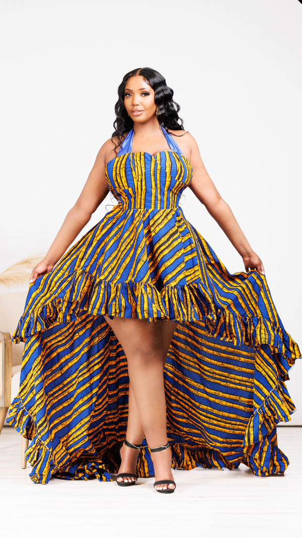 Uche African Print High-Low Ruffle Bow Dress