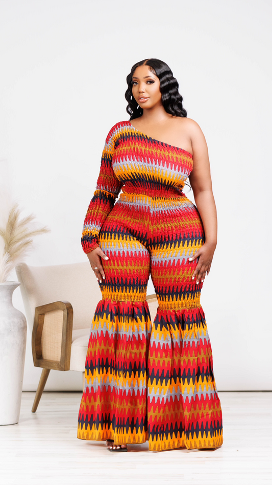 Abena African Print One Shoulder Bell Bottom Jumpsuit