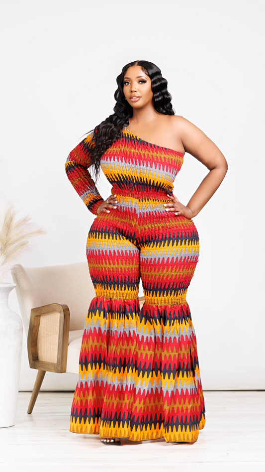 Abena African Print One Shoulder Bell Bottom Jumpsuit
