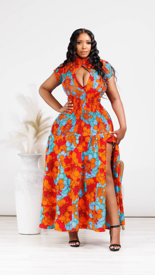 Savannah African Print V Neck Dress (Red)