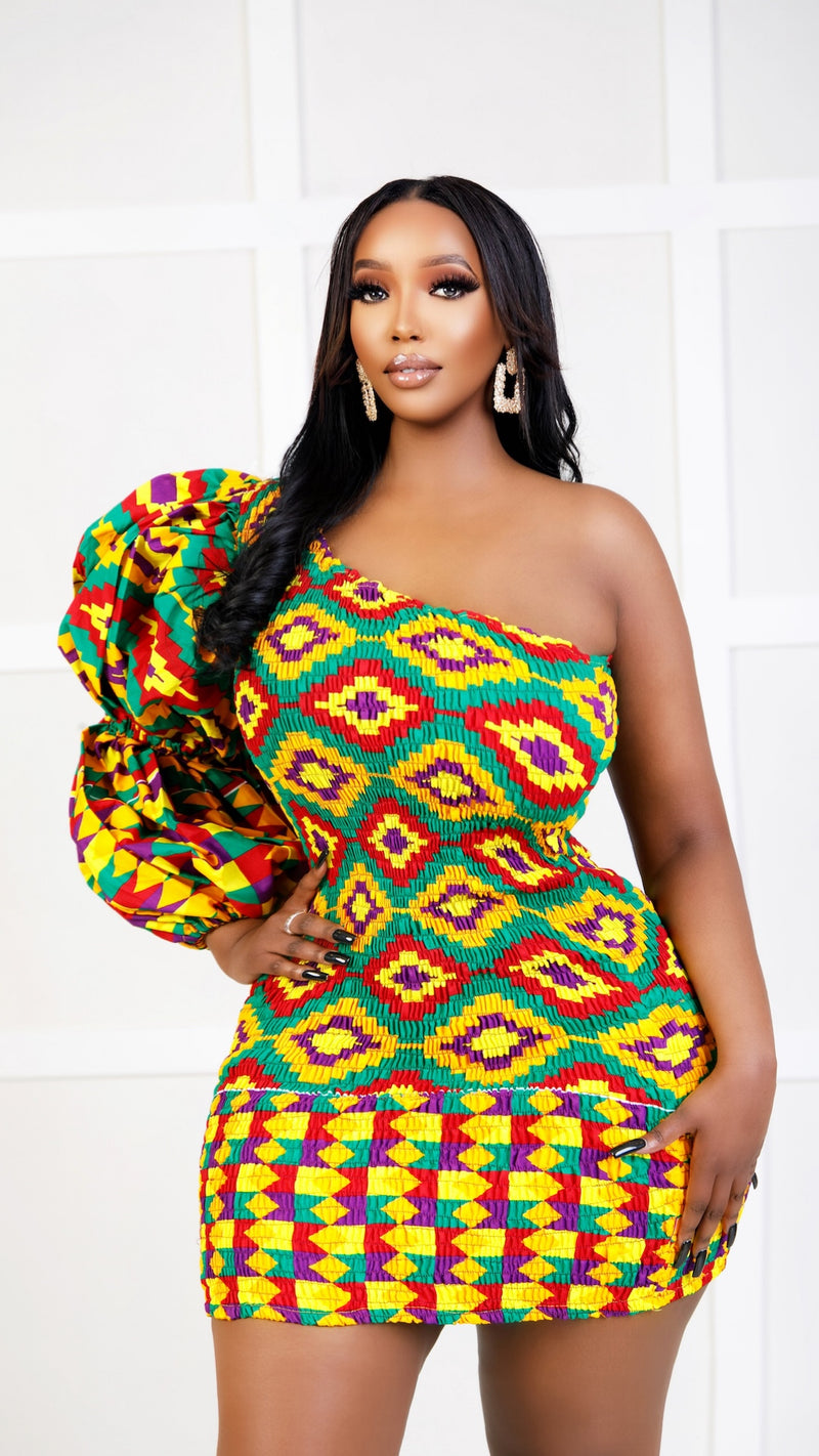 Janice Kente African Print One Shoulder Mini Dress